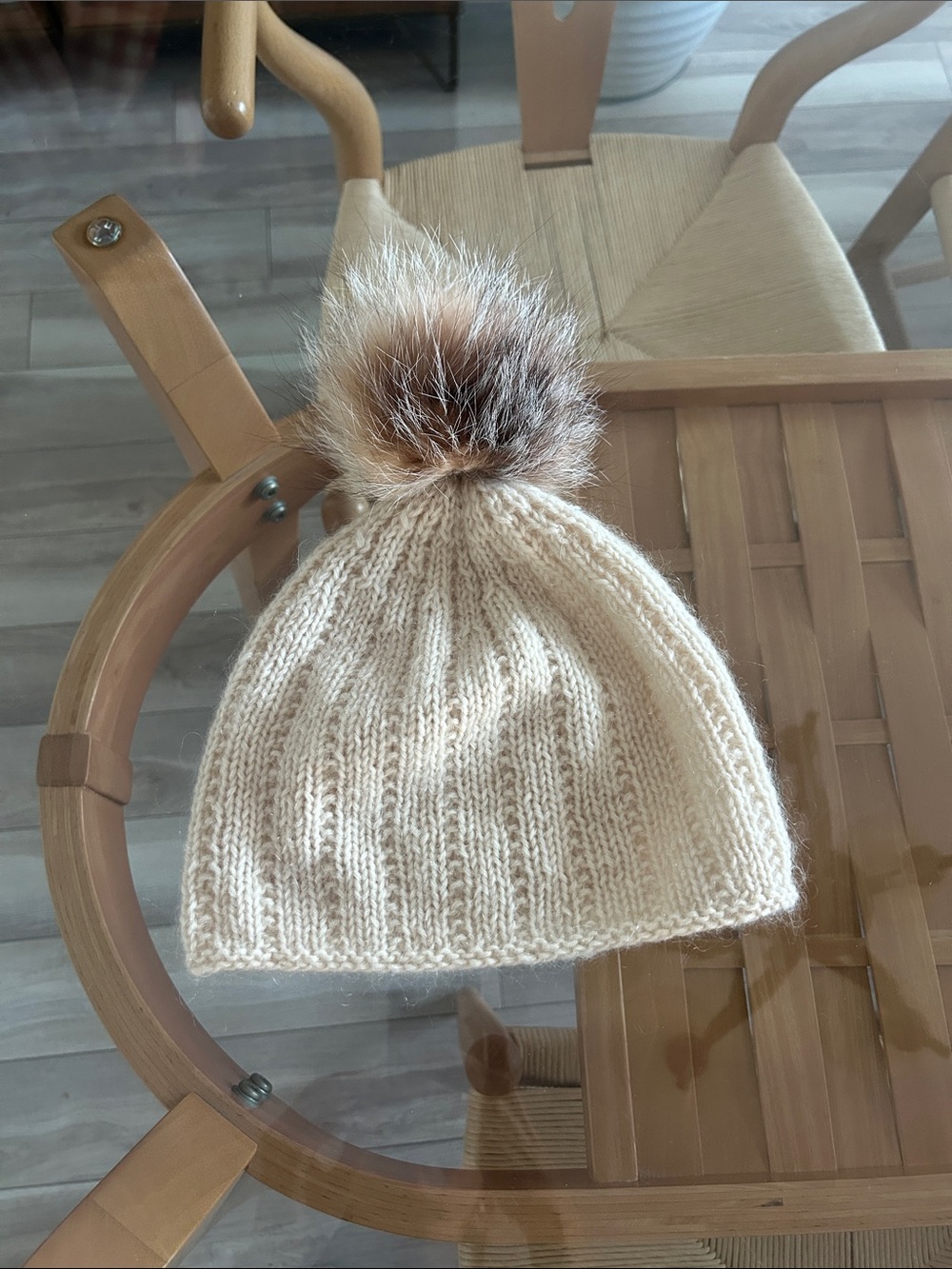 Hand knitted Wool and Authentic Fur Cream Knit Pom Beanie - handmade